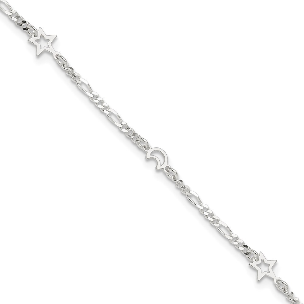 925 Sterling Silver Polished Moon and Star Charms 9" + 1" Ext. Jewelry Anklet